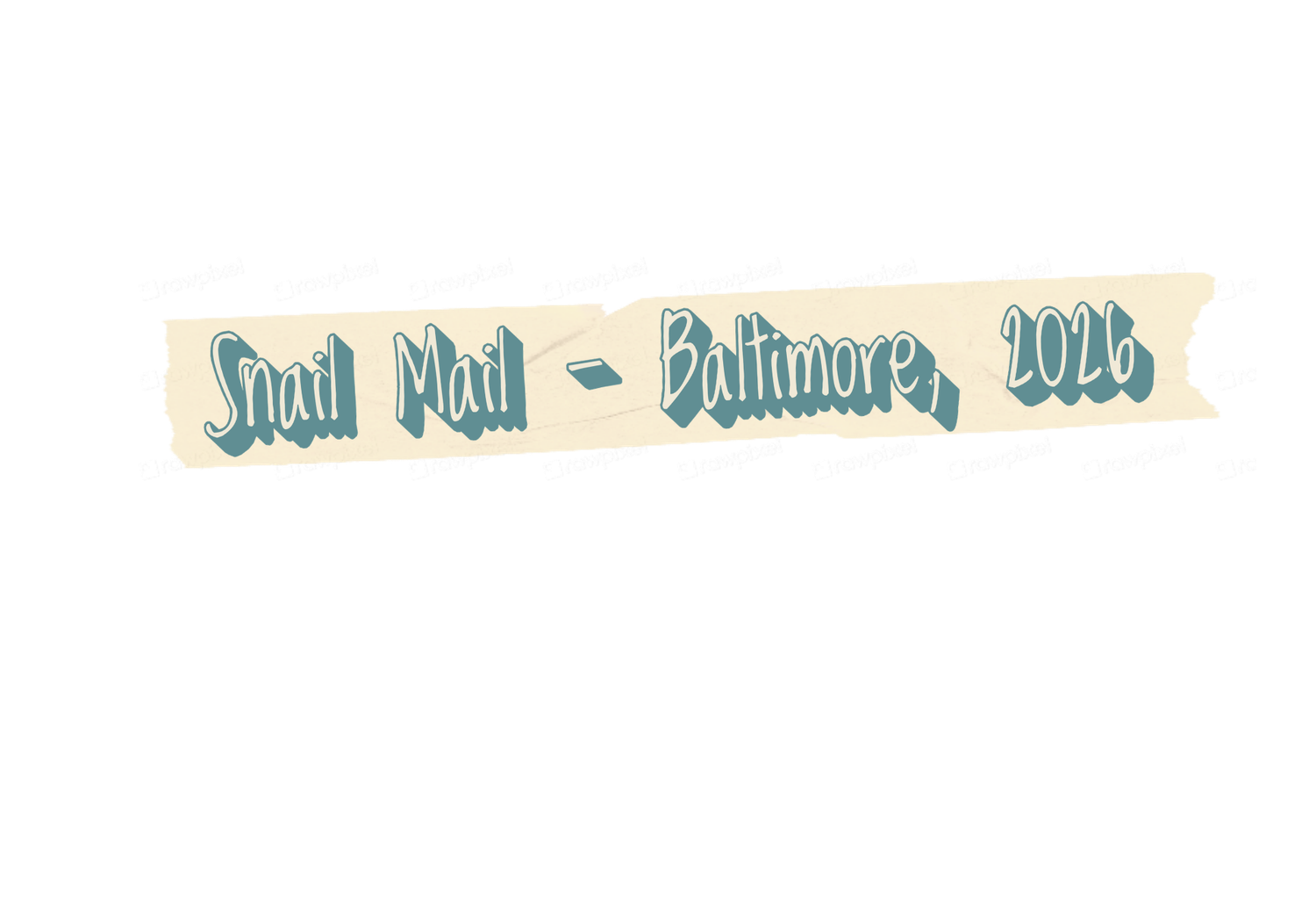 Decorative banner reading Snail Mail Baltimore 2023 in vintage teal lettering on a cream background.
