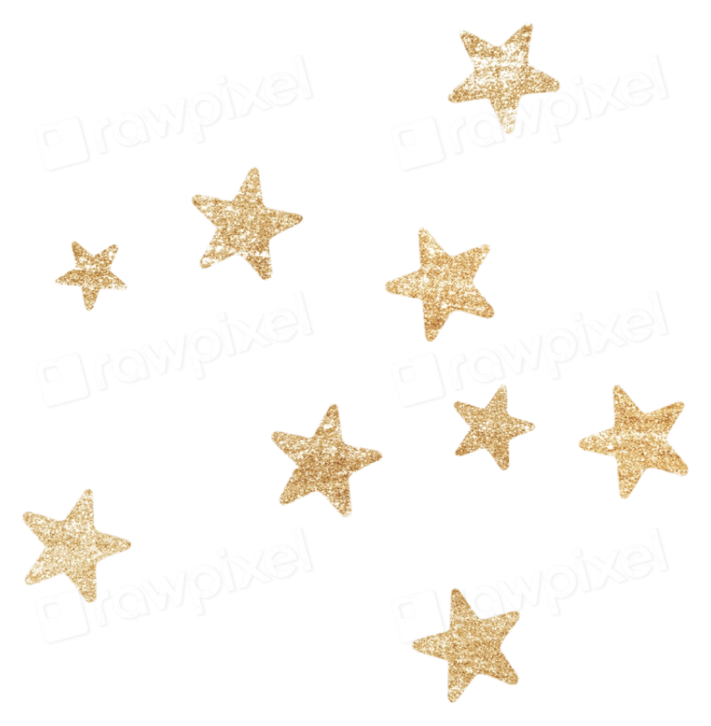 Gold glitter star confetti scattered on white background, festive decoration.