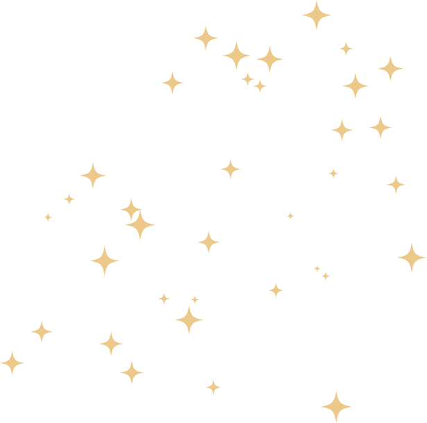 Scattered golden sparkle stars of varying sizes on a white background, creating a magical glittering effect.