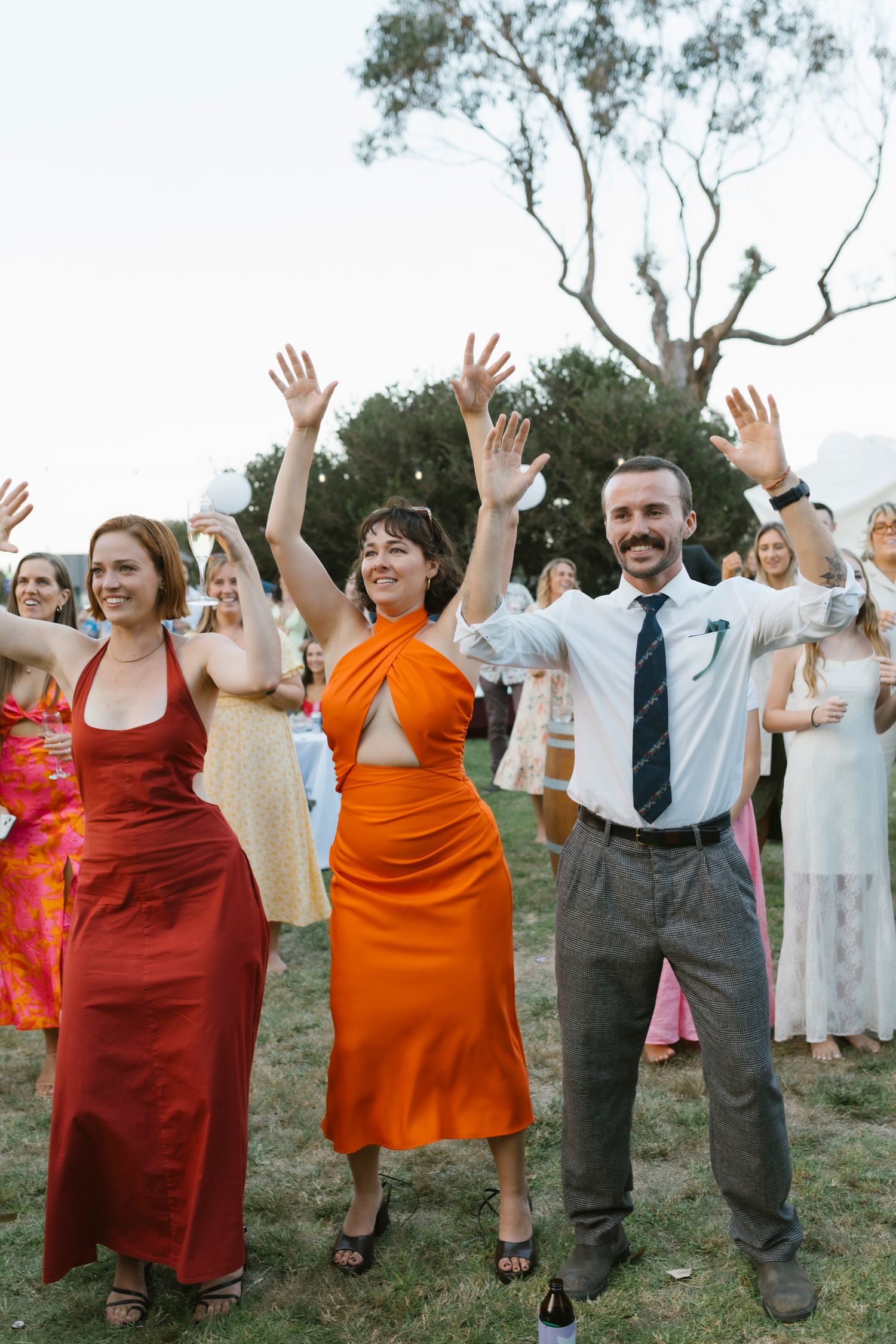 Guests in colorful formal attire raise their hands joyfully at an outdoor wedding reception on a green lawn.