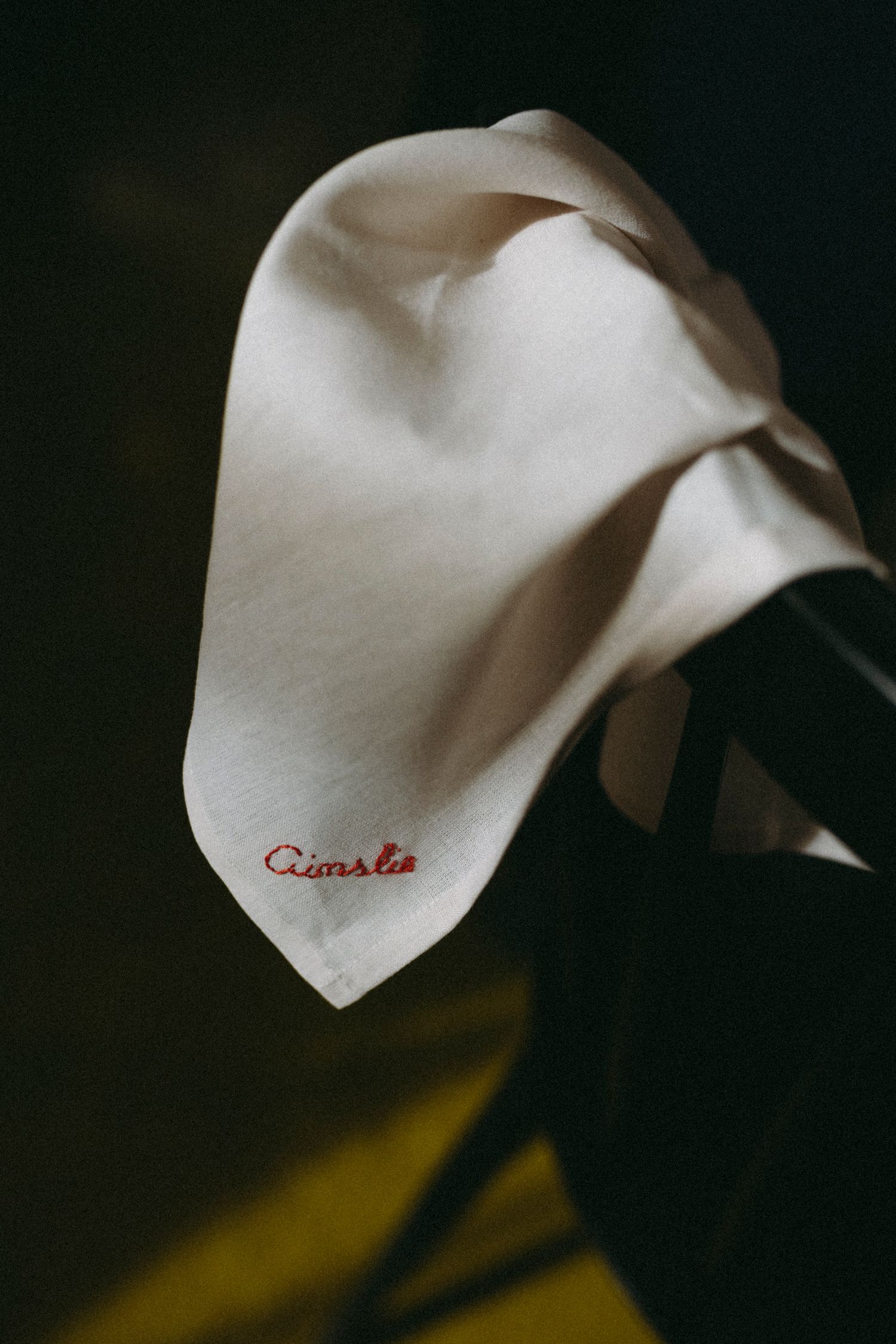 White linen napkin with red embroidered cursive name draped over dark chair in dramatic lighting.