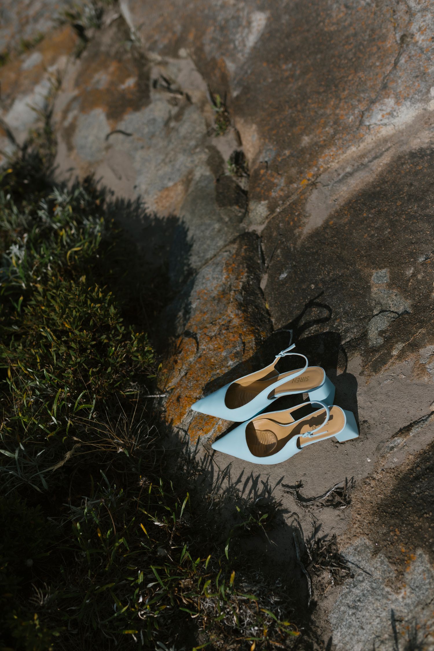 Two pairs of elegant slingback heels placed on a light blue box atop rocky terrain with moss in natural sunlight.