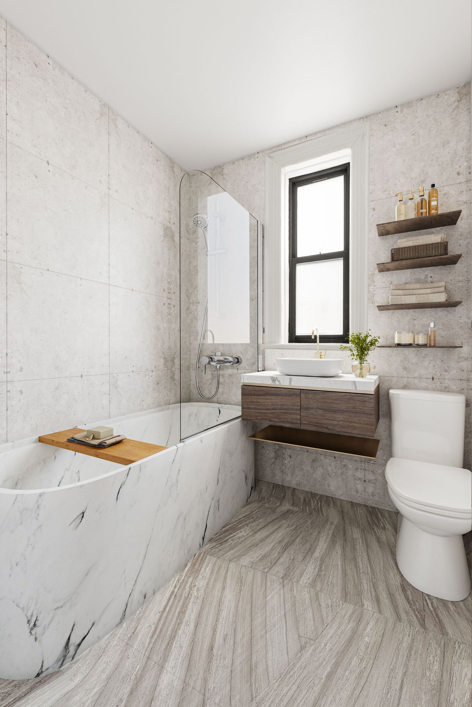 Modern bathroom with marble bathtub, floating wood vanity, white vessel sink, and open shelving near a black-framed window.