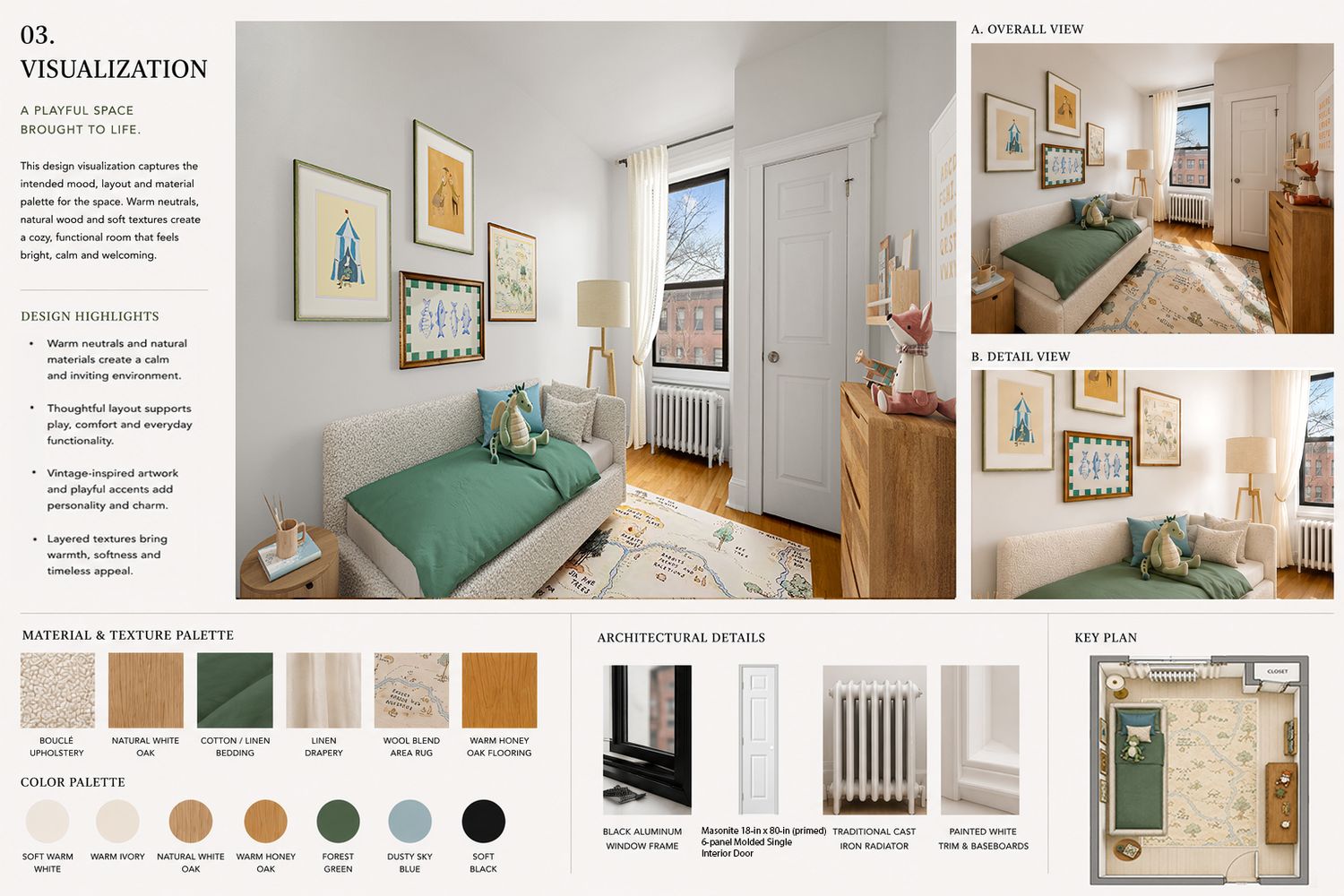 Interior design board of neutral children's room with single bed addresser.