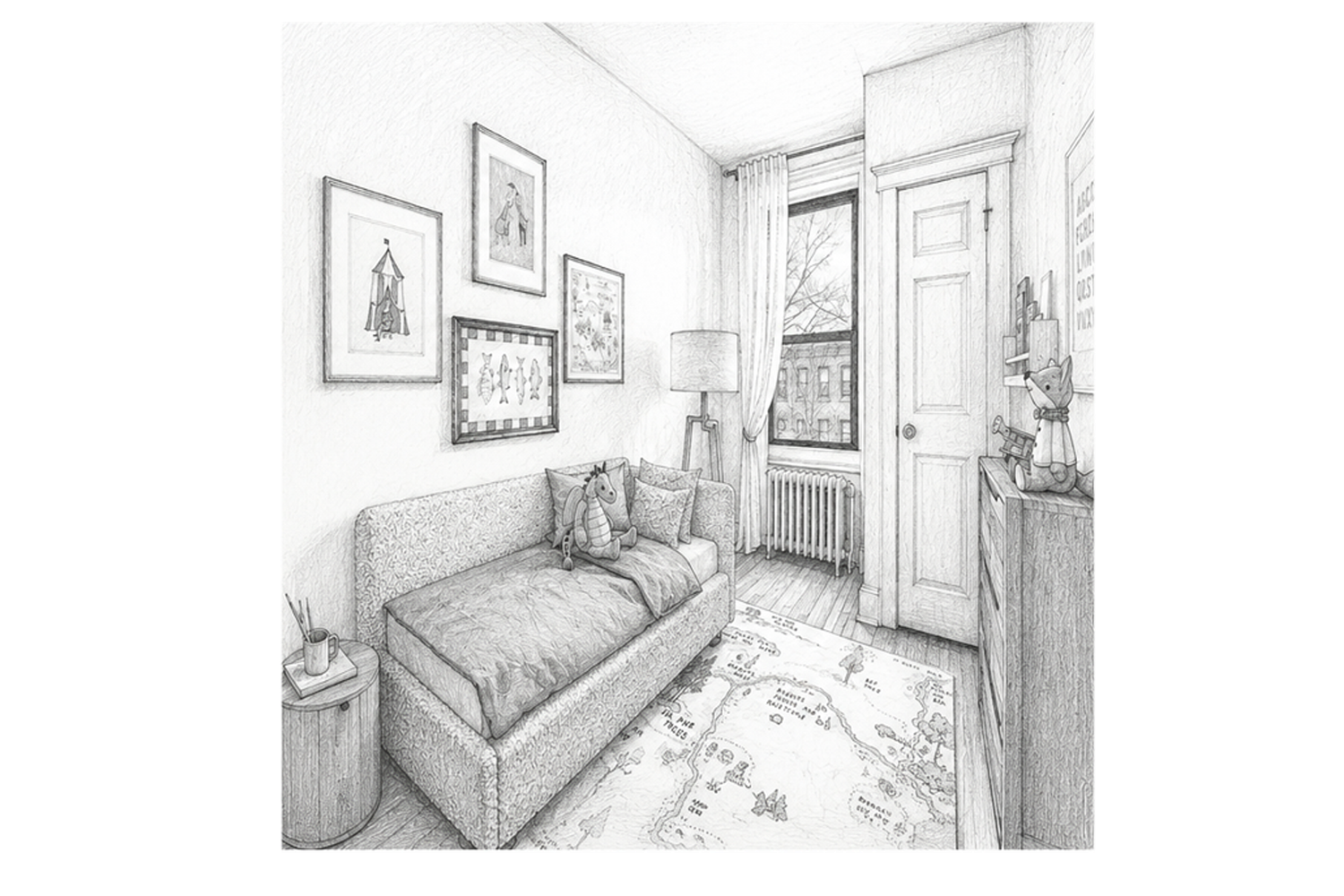 Sketch of neutral children's room with single bed addresser.
