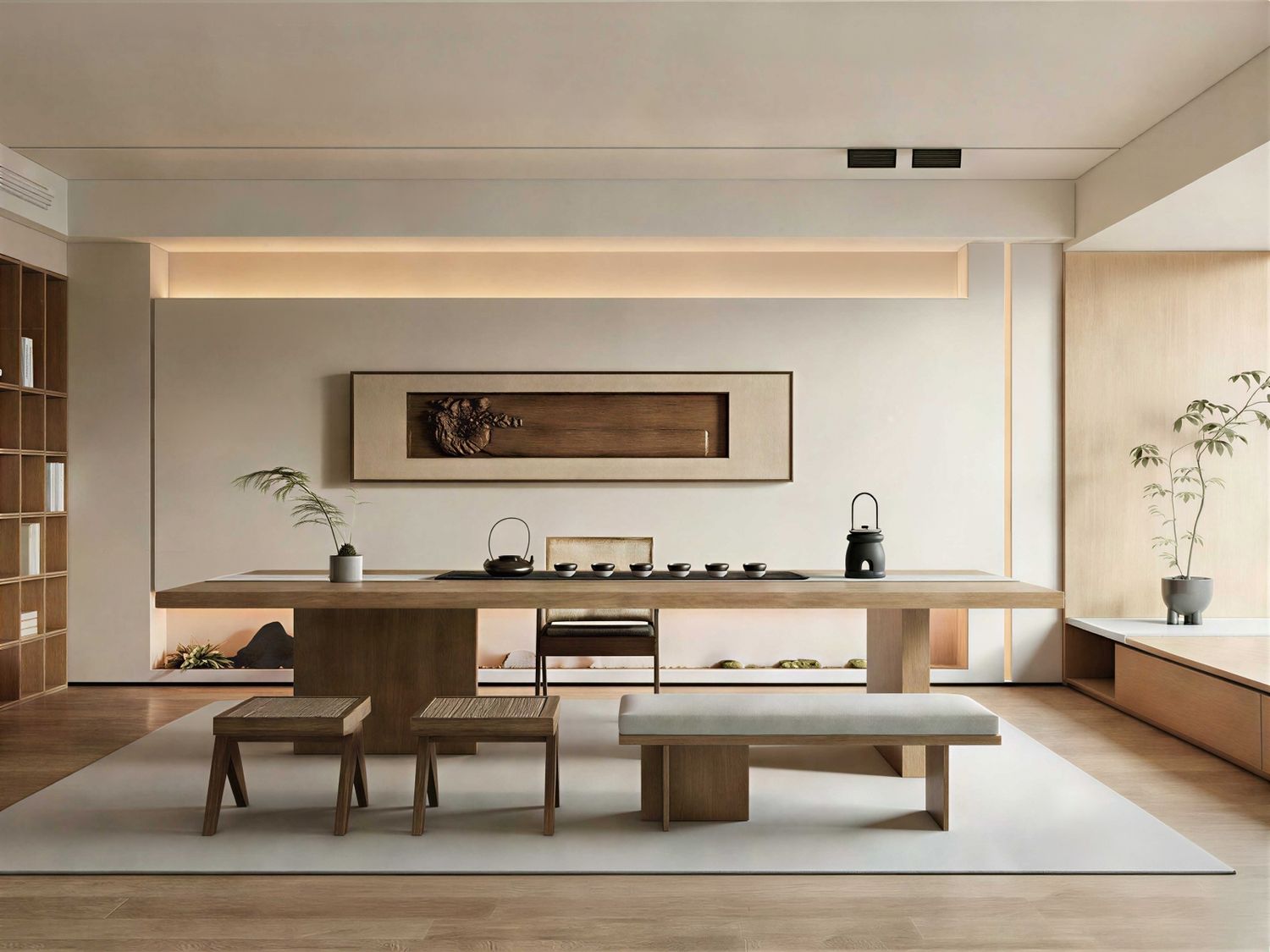 Japanese Zen Style Tea Room with large table and seating.