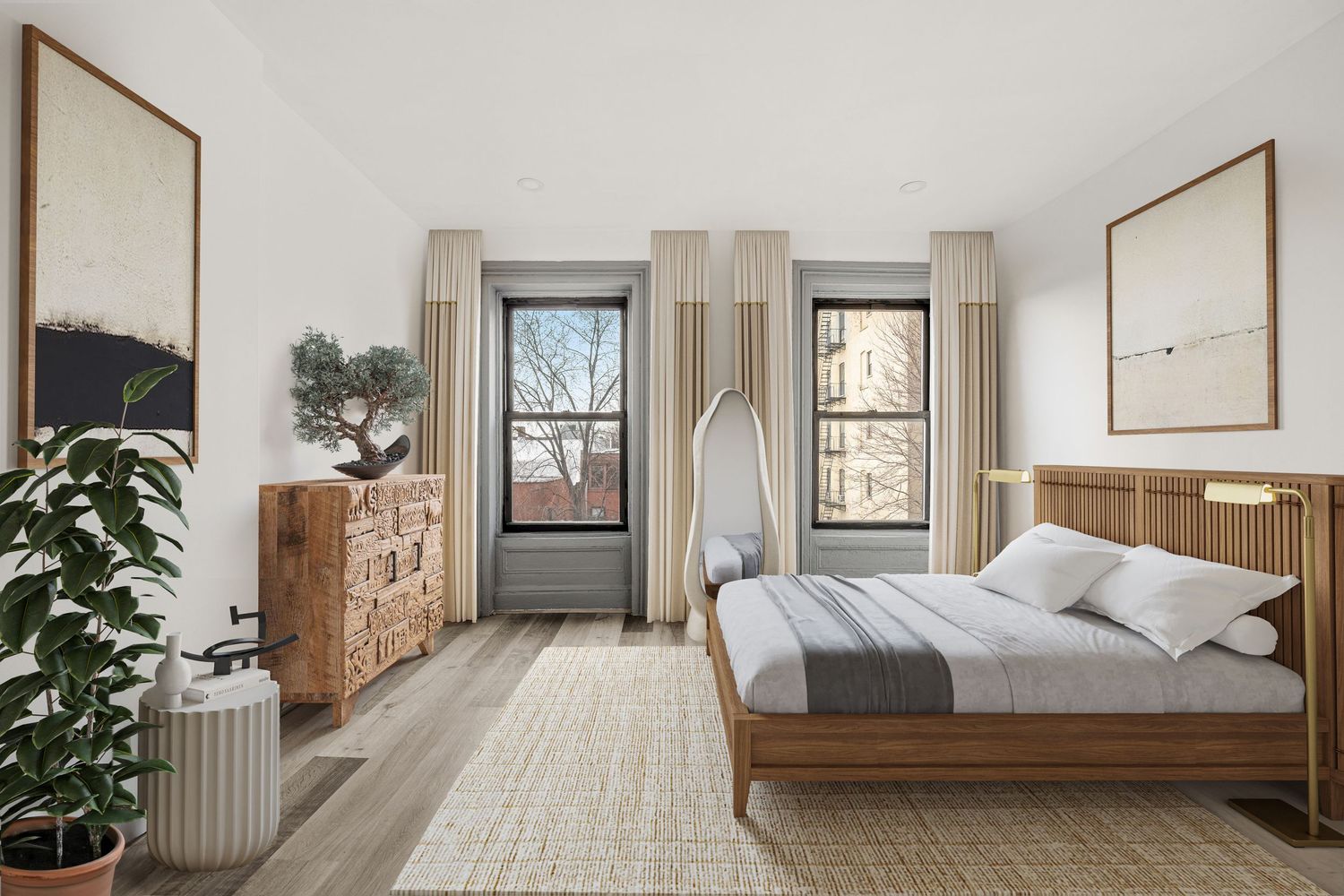 Bright modern bedroom with wooden bed frame, natural light from windows, area rug, and minimalist decor in neutral tones.