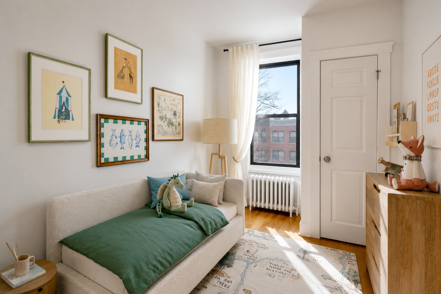 3D rendering of neutral children's room with single bed addresser.