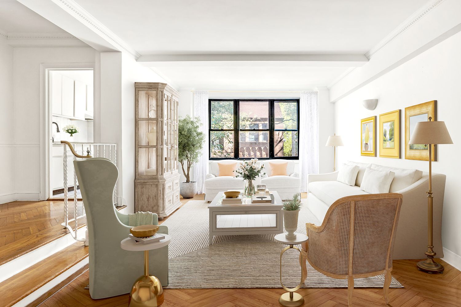 Bright living room with white sofas, herringbone wood floors, black-framed windows, and elegant neutral decor.