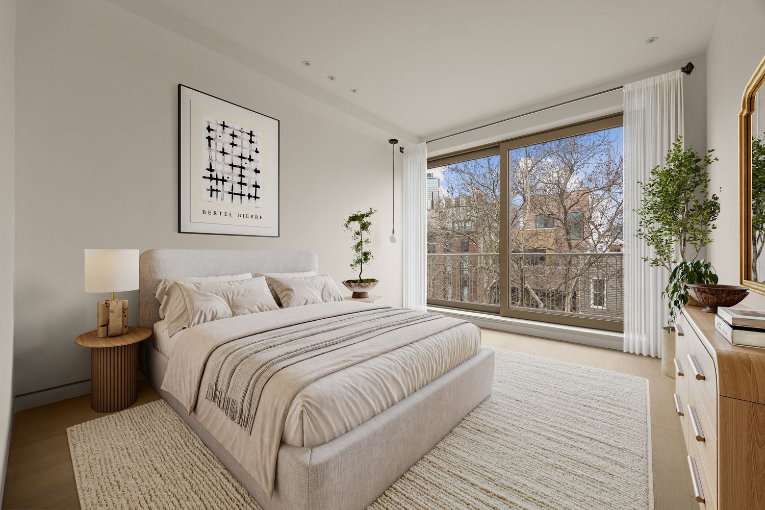 Bright modern bedroom with large floor-to-ceiling windows, neutral tones, plush bed, hardwood floors, and city views.