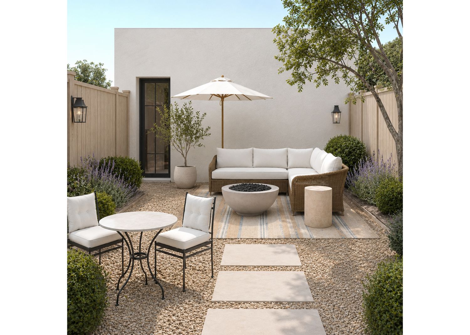 Modern patio with sectional sofa, fire pit, bistro table, pea gravel, stepping stones, and umbrella in a walled garden.