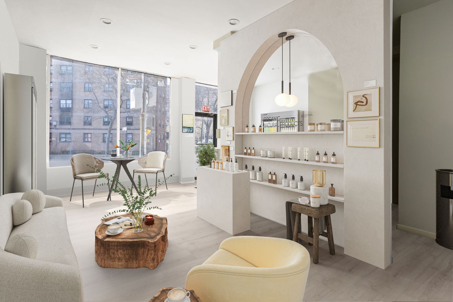 Modern spa reception with arched shelving displaying beauty products, yellow chair, and floor-to-ceiling windows overlooking city.