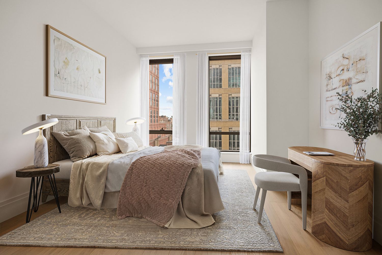 Bright modern bedroom with neutral tones, plush bedding, hardwood floors, and floor-to-ceiling windows overlooking city buildings.