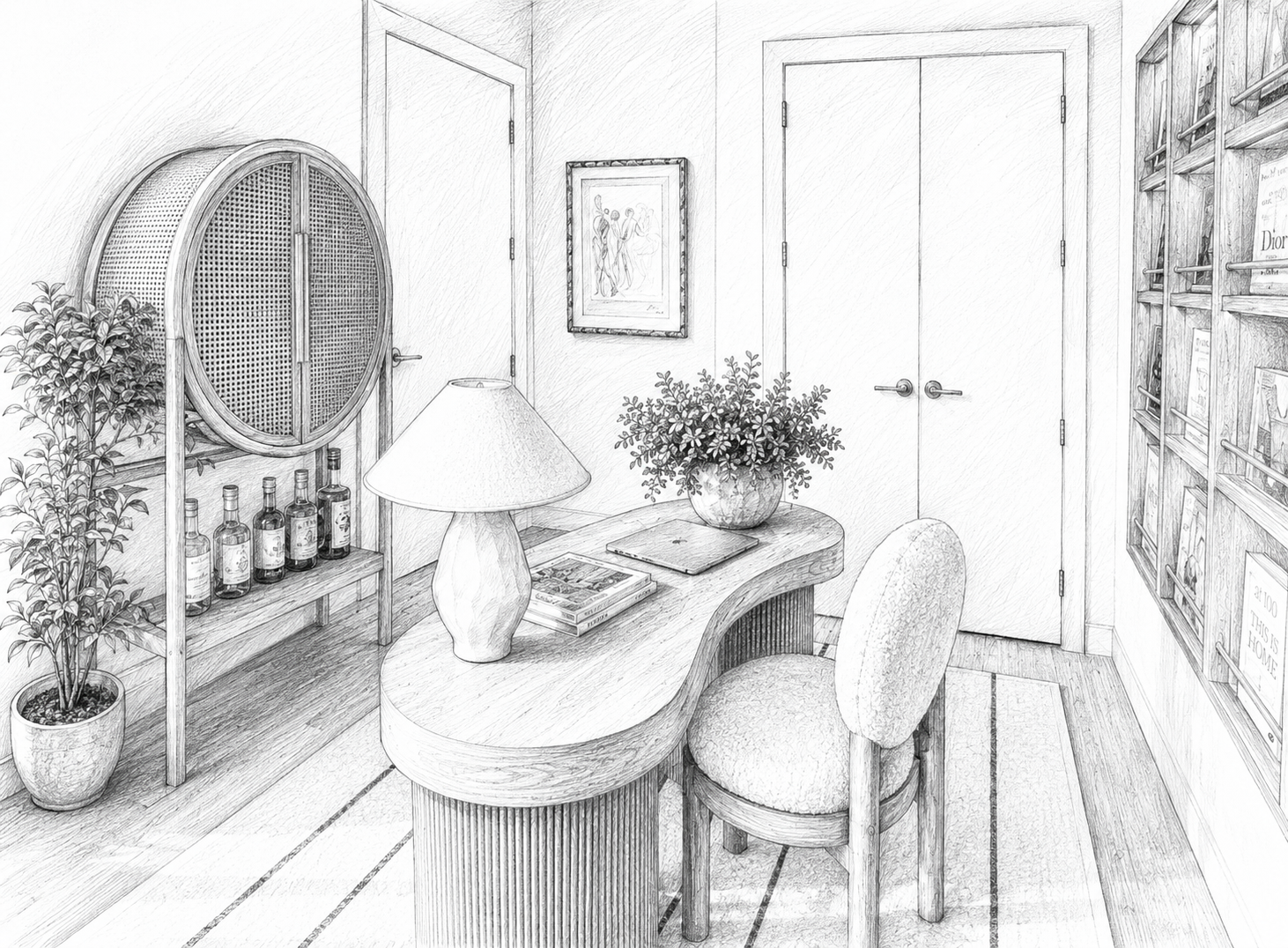 Sketch of neutral modern office with wine cabinet.
