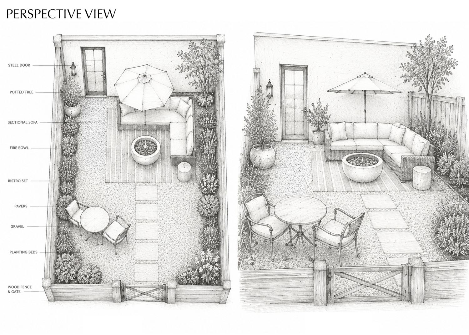 Pencil sketch perspective views of a small patio garden design showing seating areas, fire pit, umbrella, and landscaping.