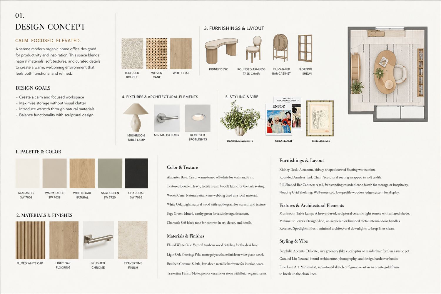 Interior concept design of neutral modern office with wine cabinet.