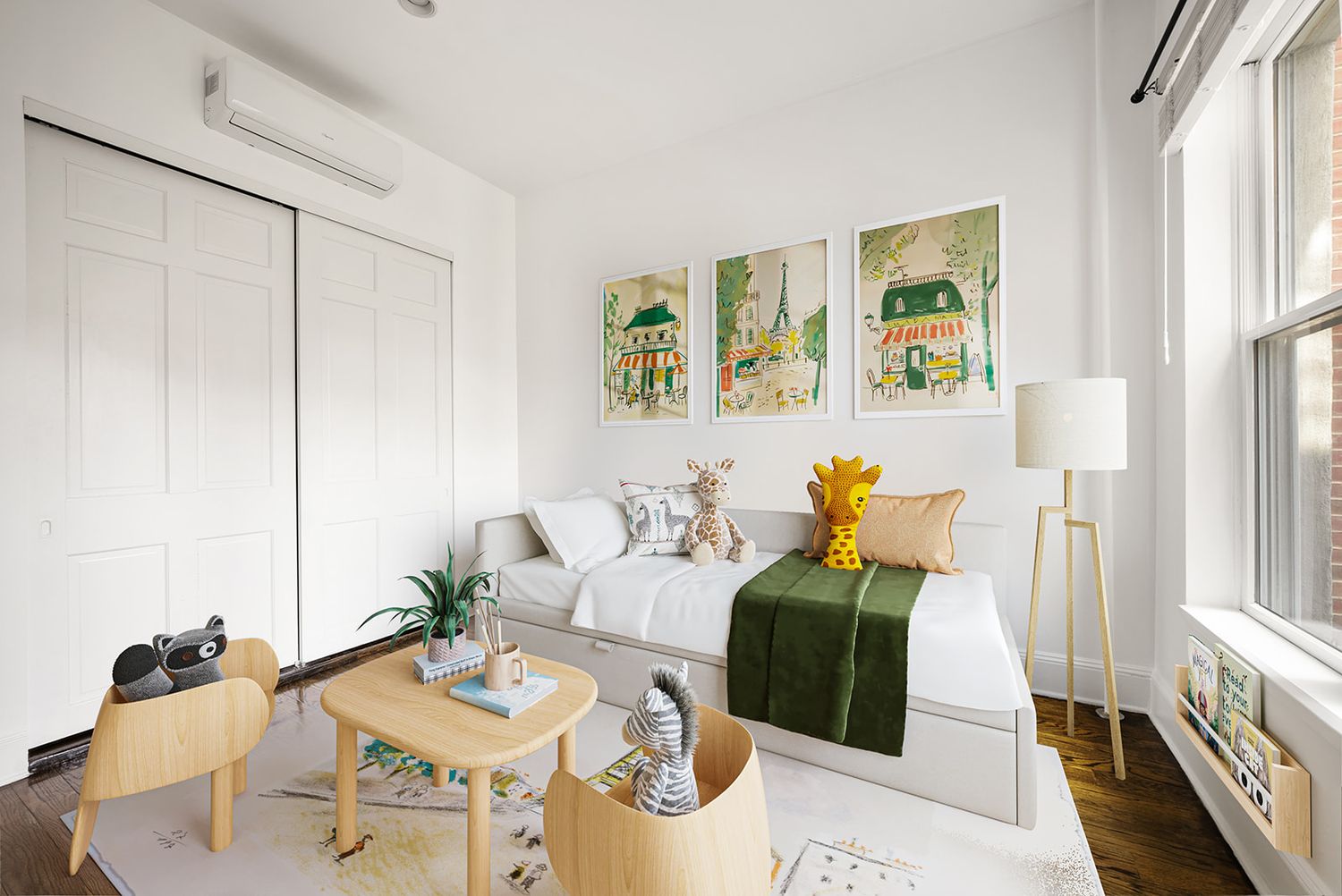 Bright white children's bedroom with Parisian wall art, daybed, wooden furniture, and natural light from large windows.
