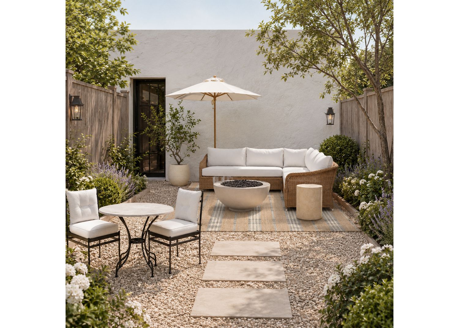 Elegant outdoor patio with wicker sofa, fire bowl, umbrella, bistro set, and lush garden landscaping on gravel path.