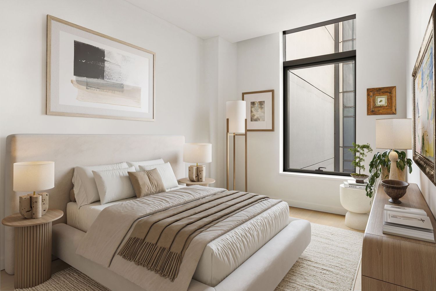 Modern minimalist bedroom with neutral tones, upholstered bed, natural wood accents, and large black-framed window.