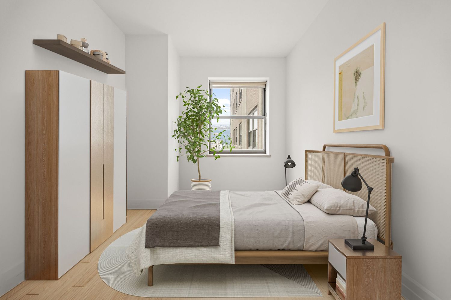 Minimalist bedroom with wooden bed frame, wardrobe, round rug, potted plant, and framed art near a bright window.