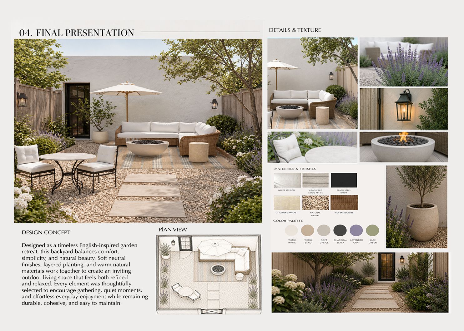 Timeless English-inspired backyard garden design presentation board with patio, fire pit, and neutral material palette.