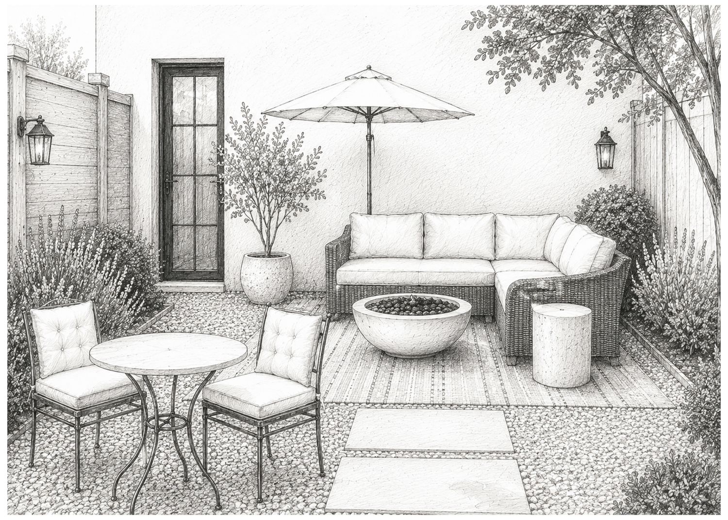 Pencil sketch of a cozy patio with wicker sofa, bistro table, umbrella, fire bowl, and lush garden plants.