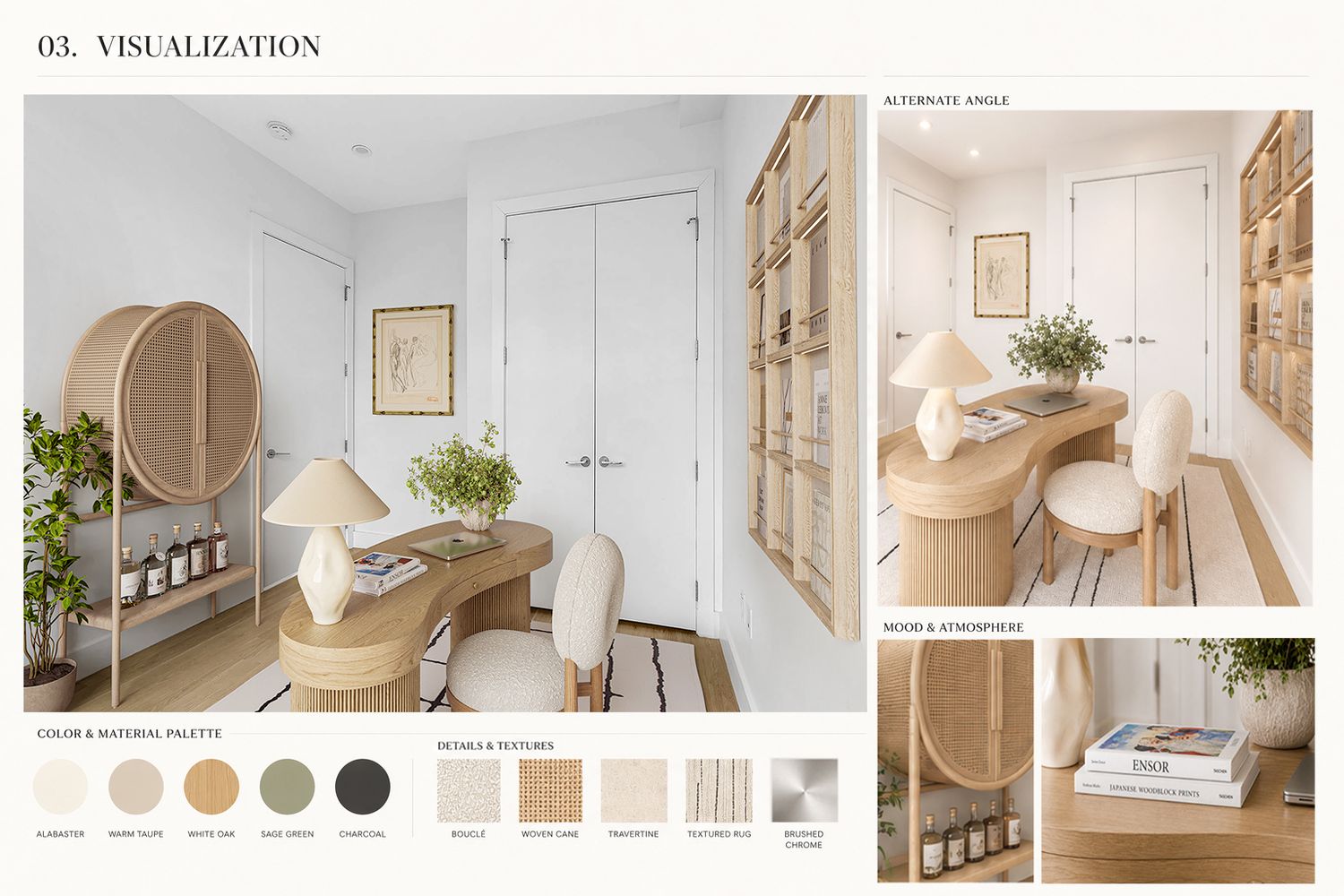 Interior design board with rendering of neutral modern office with wine cabinet.