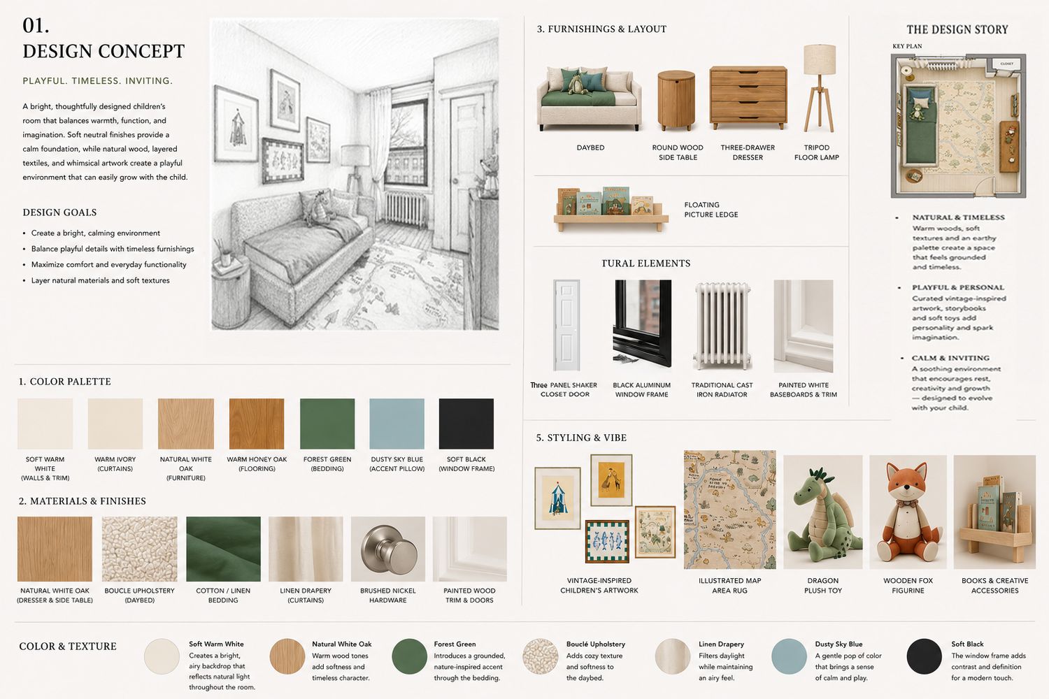 Interior design board with sketch of neutral children's room with single bed addresser.