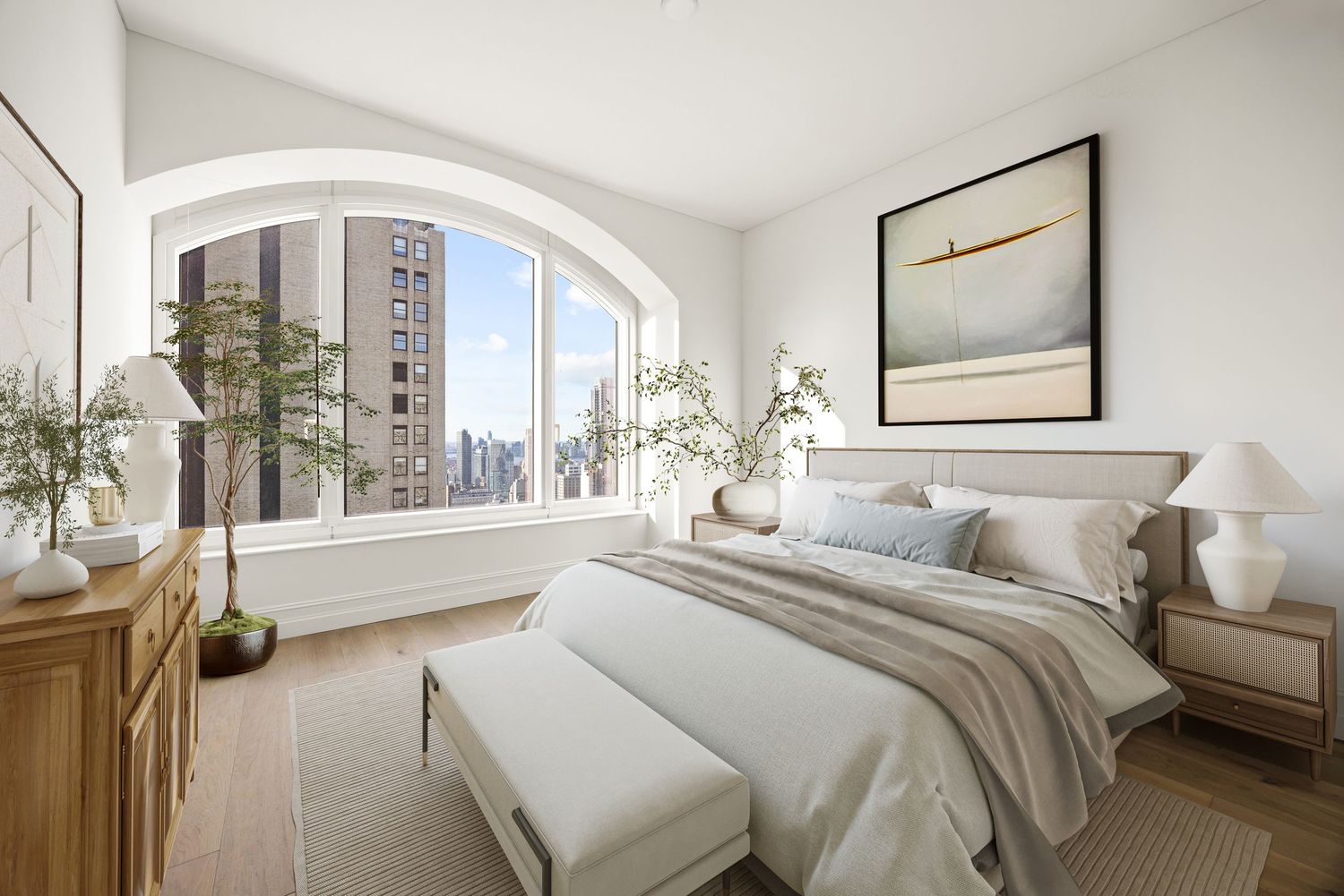 Bright bedroom with arched window, city views, neutral tones, king bed, wooden dresser, and potted plants.