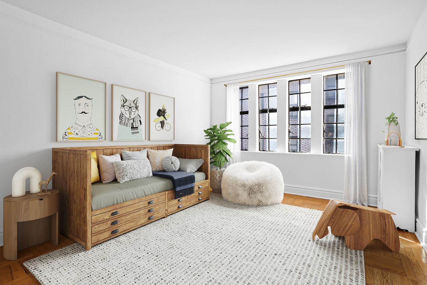 Bright living room with wooden daybed, plush bean bag, woven rug, and large windows in a modern NYC apartment.