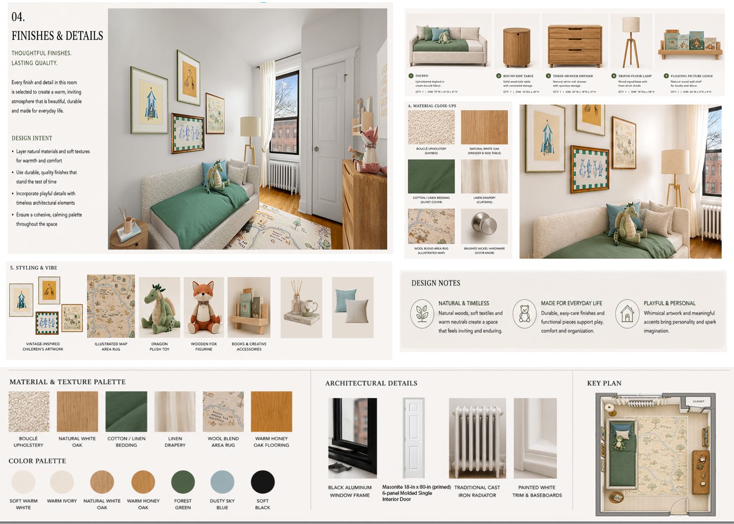 Interior design board with sketch of neutral children's room with single bed addresser.