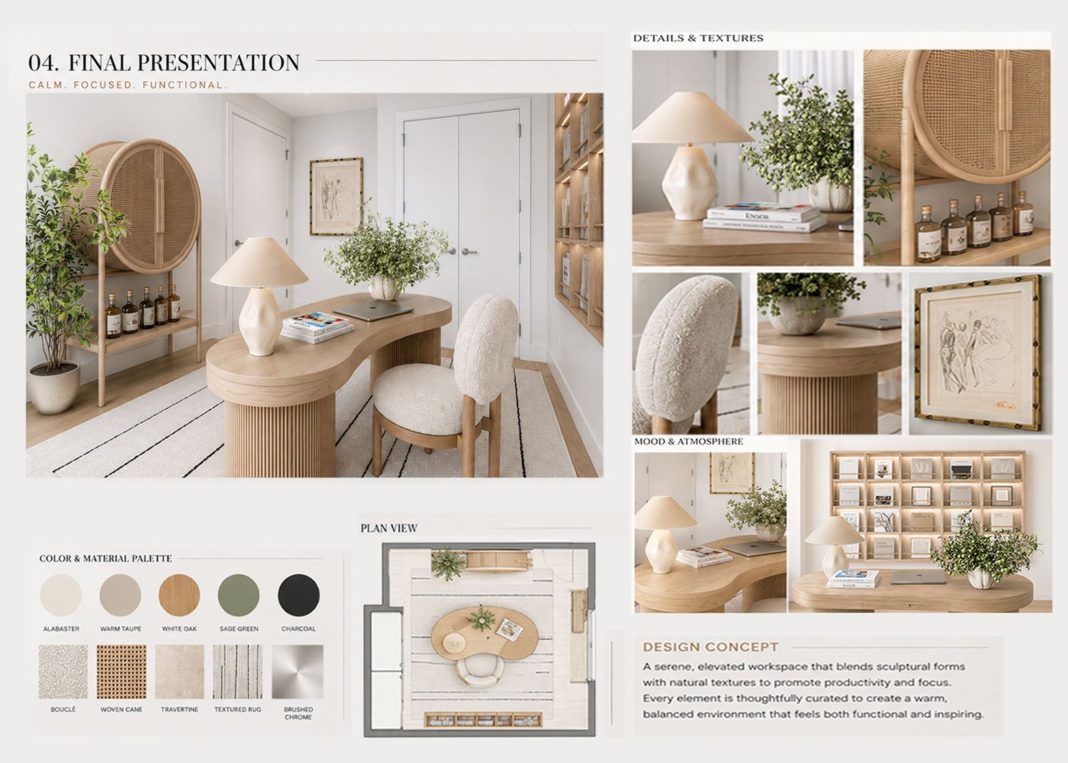 Interior design board with rendering and floor plan of neutral modern office with wine cabinet.