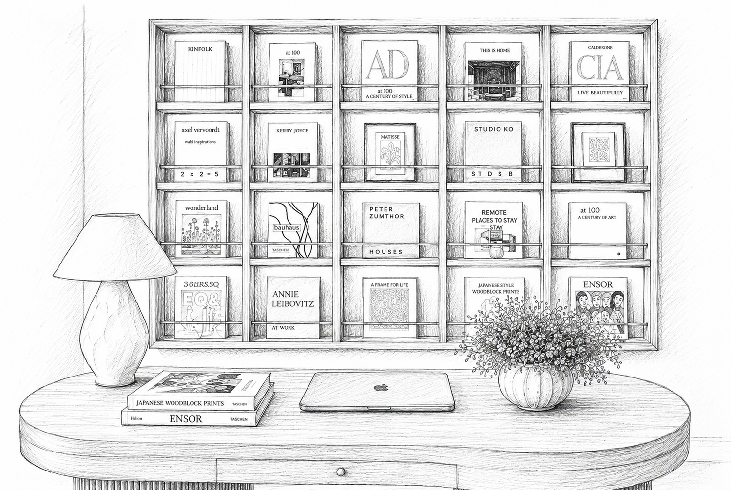 Sketch of neutral modern office with wine cabinet, looking at bookcase.