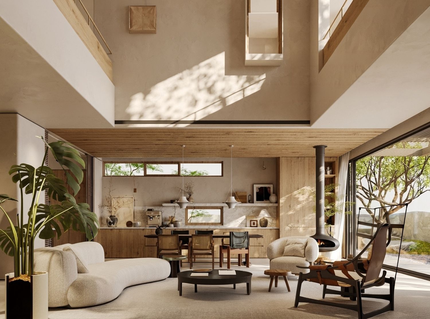Wabi-sabi Double Height Villa with white sofa and modern seating.