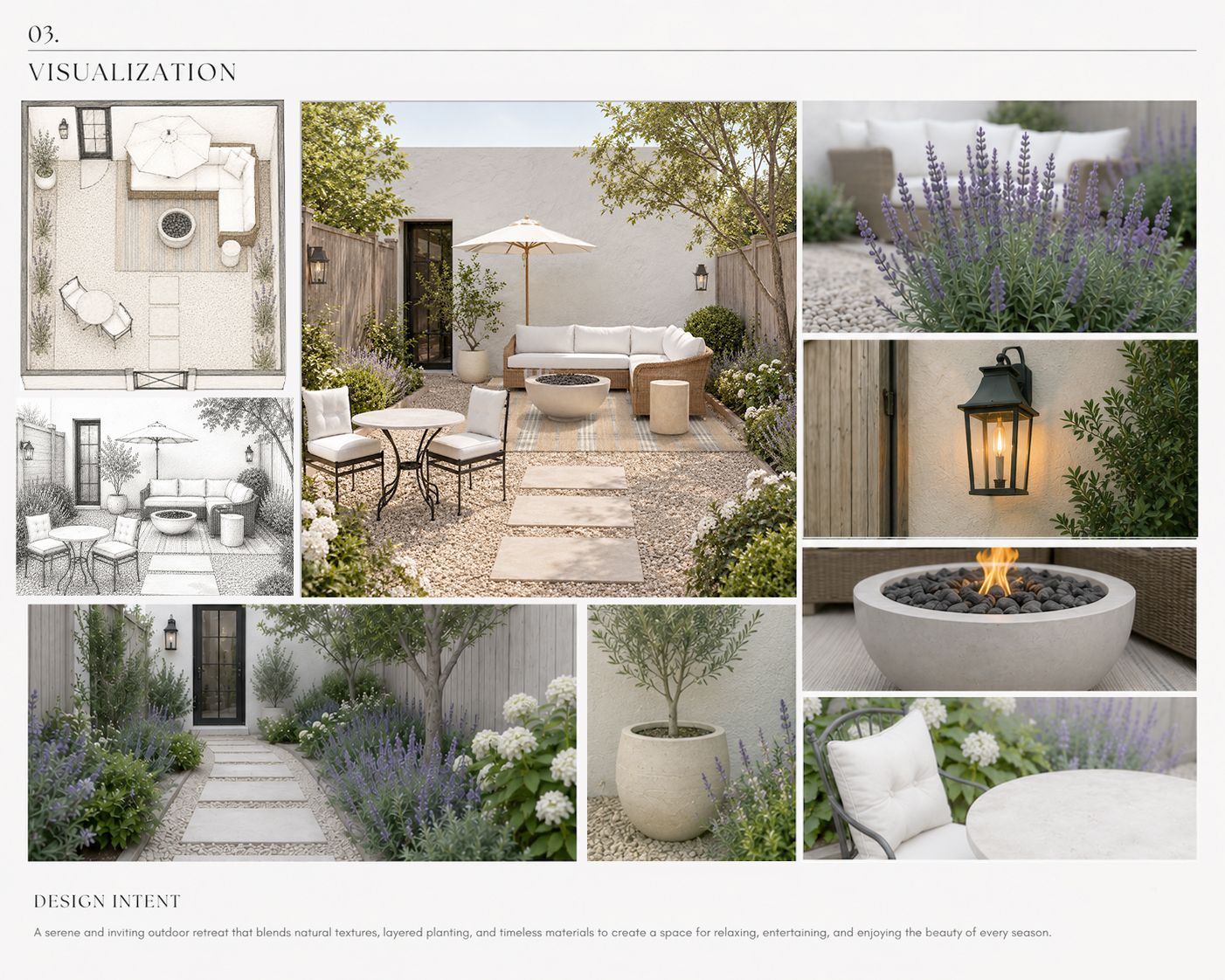 Modern outdoor patio design moodboard featuring lush gardens, fire pit, lanterns, and elegant seating areas in neutral tones.