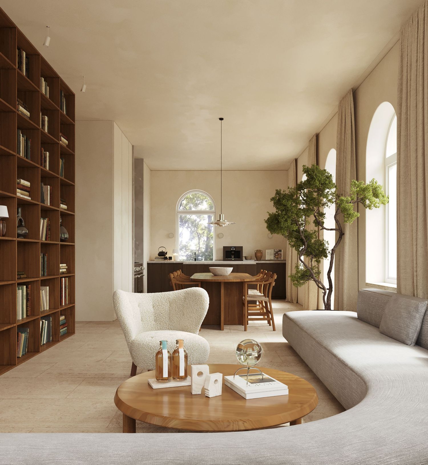 Nordic Minimalist Living Dining Room with view of dining area and kitchen counter.