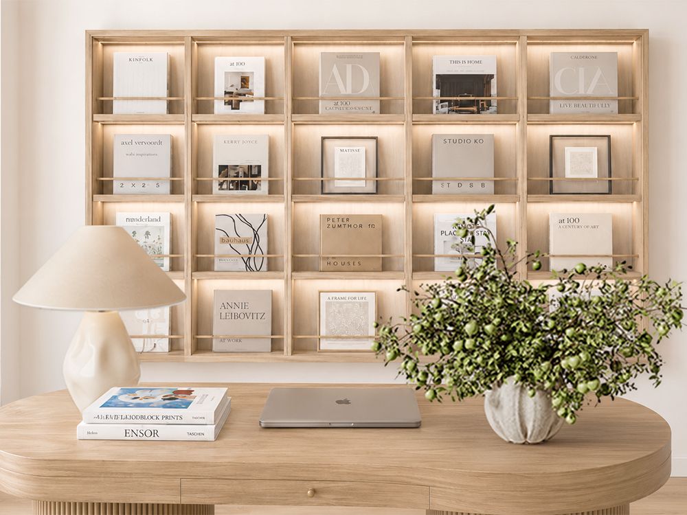 Rendering of neutral modern office with wine cabinet, looking at bookcase.