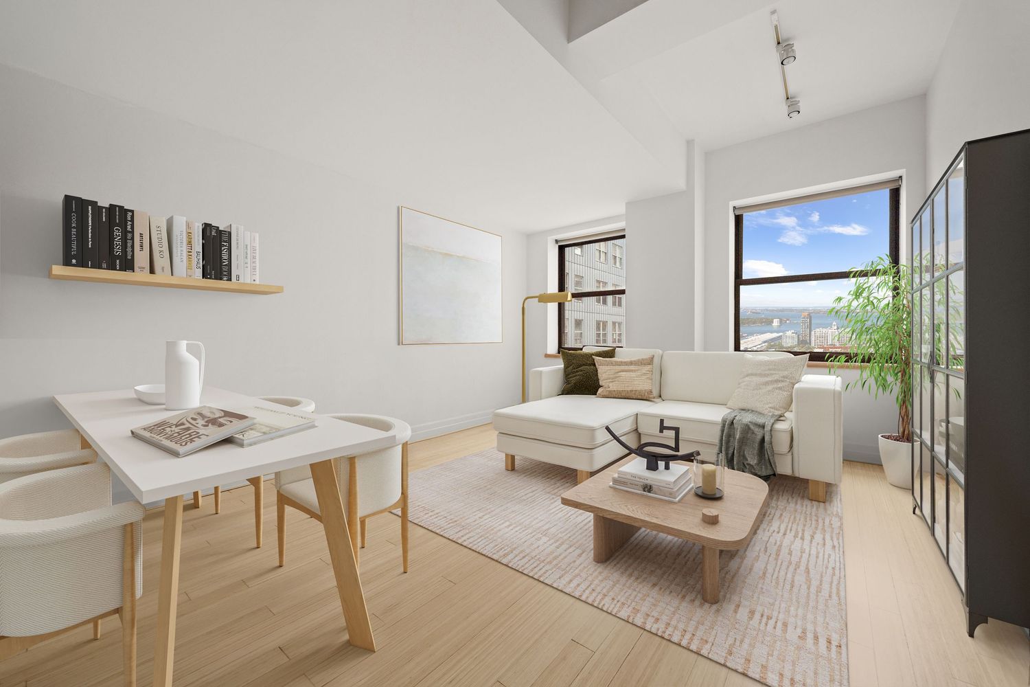 Bright modern living room with hardwood floors, white sofa, wooden coffee table, and large windows offering city views.