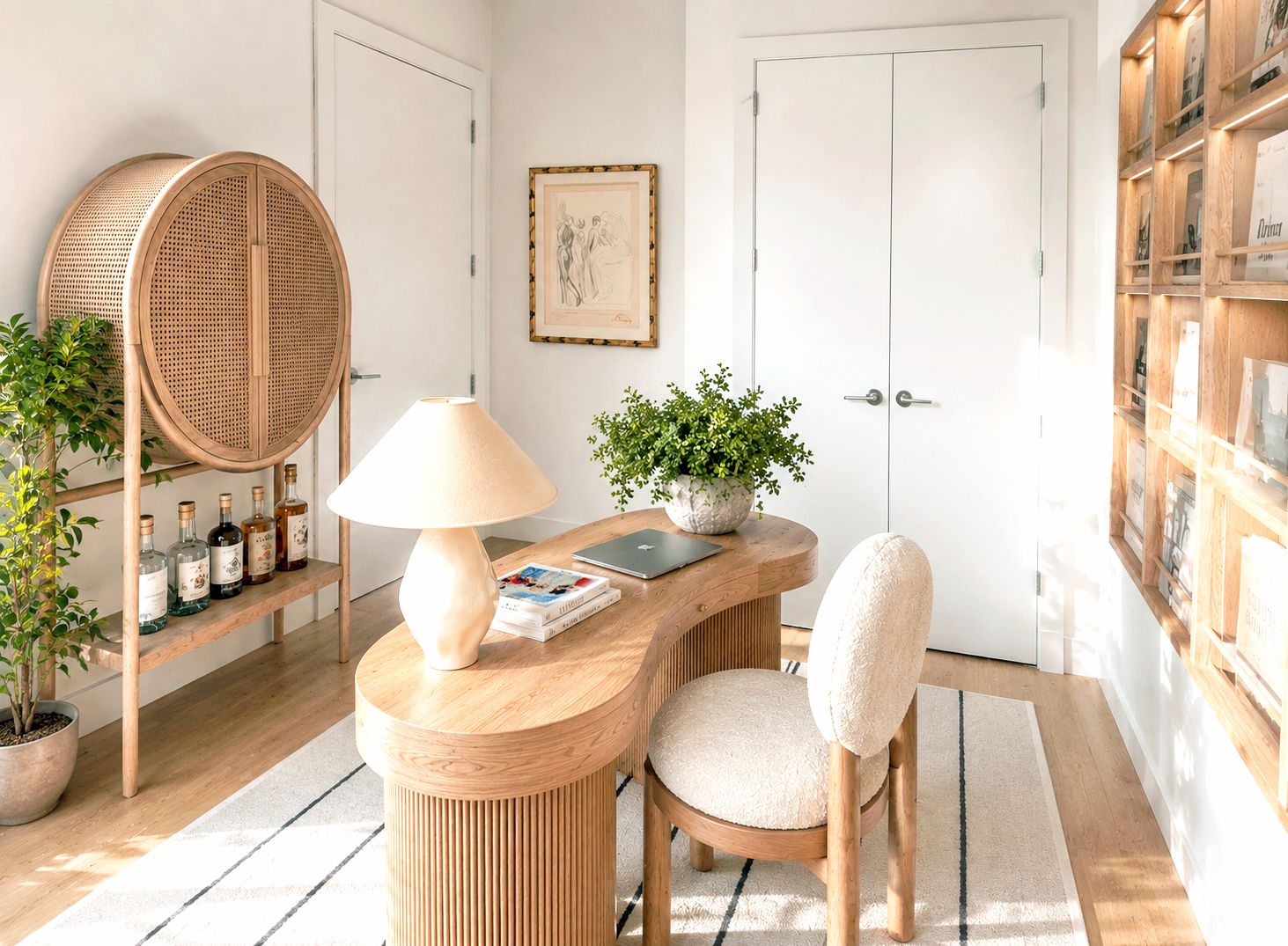Rendering of neutral modern office with wine cabinet.