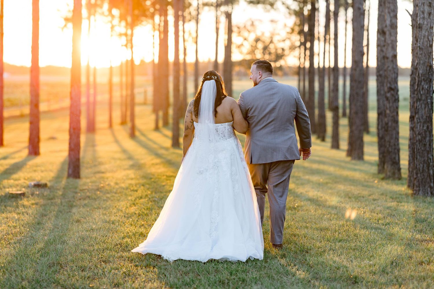 Bride and groom walking hand in hand through a pine tree corridor bathed in golden sunset light.