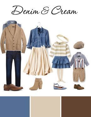 Denim and cream family photo outfit inspiration featuring coordinated looks for parents and kids.