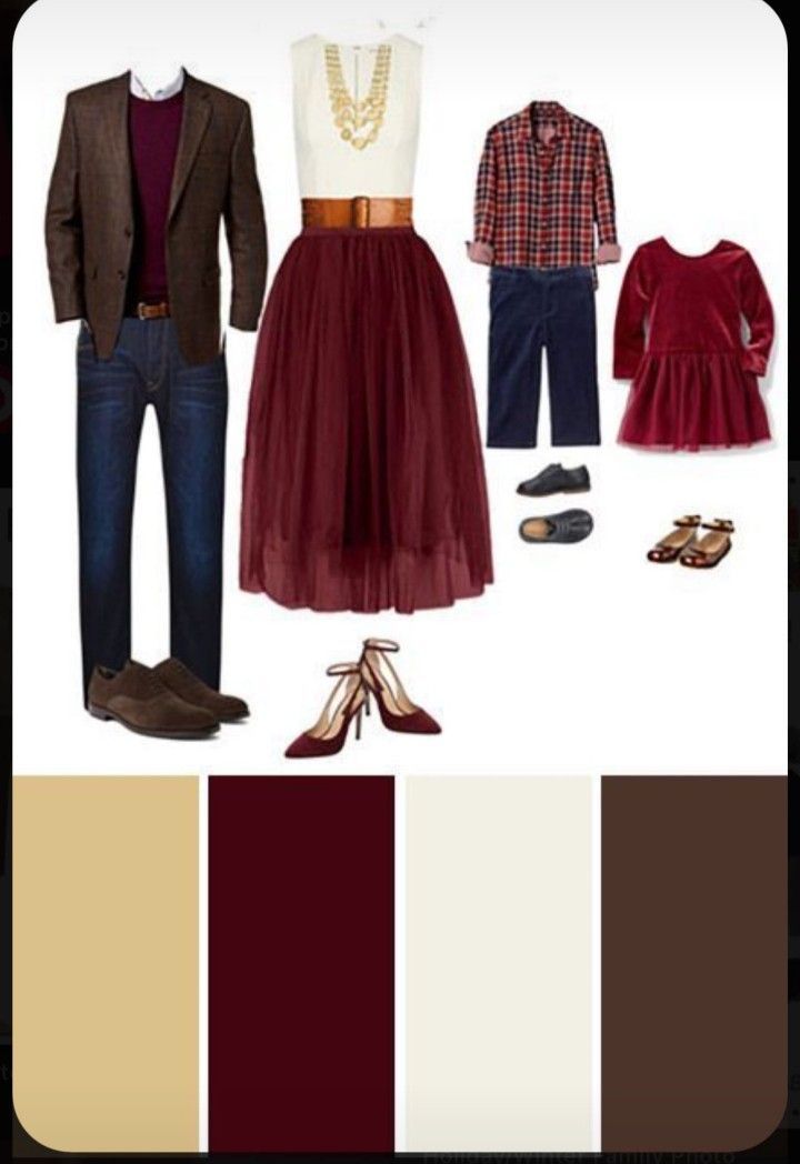 Burgundy and brown family photo outfit inspiration with coordinated color palette swatches.