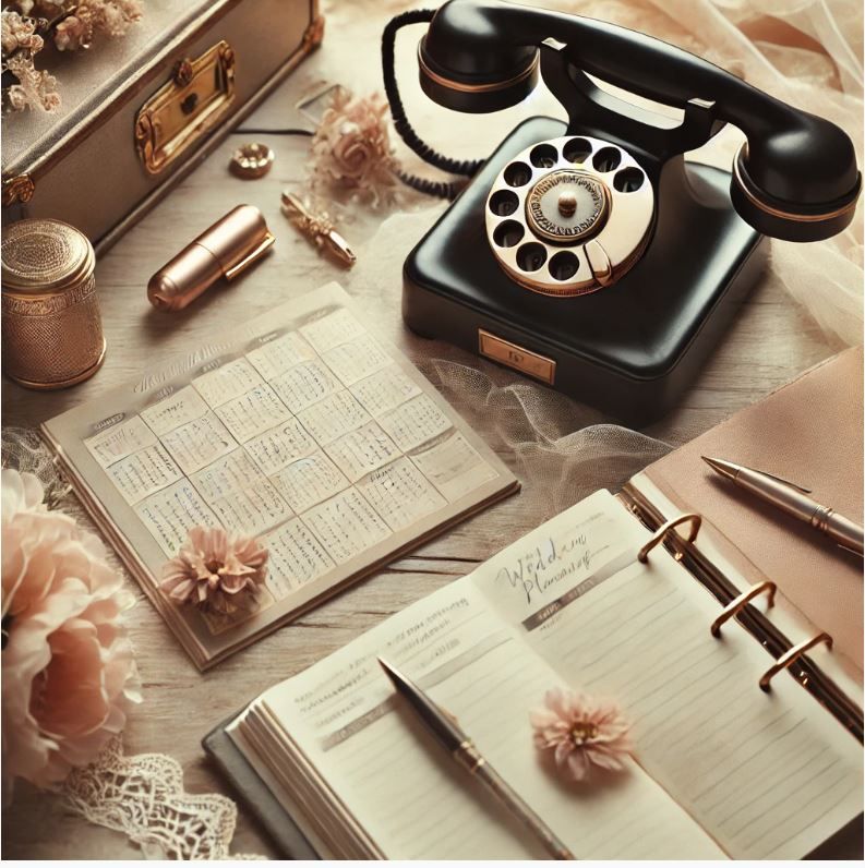 Vintage wedding planning scene with rotary phone, open planner, flowers, and elegant accessories.