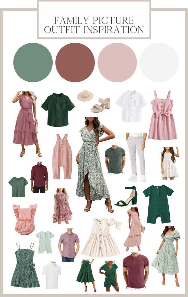 Family picture outfit inspiration in green, mauve, and pink tones with coordinated clothing options.