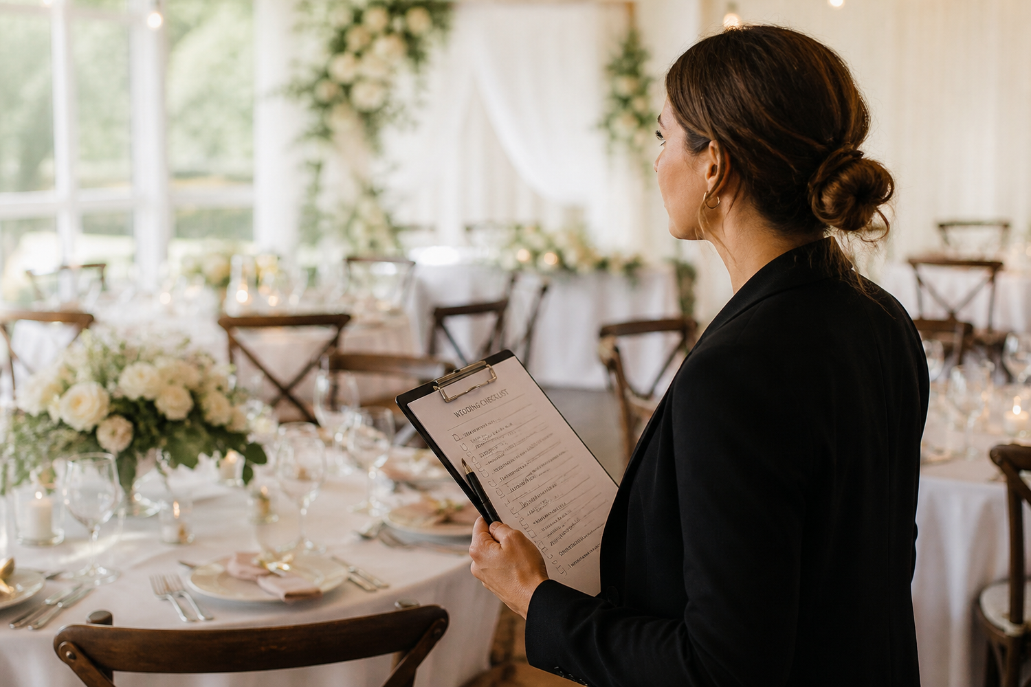 Wedding planner reviews checklist clipboard in elegantly decorated white reception venue with floral centerpieces.