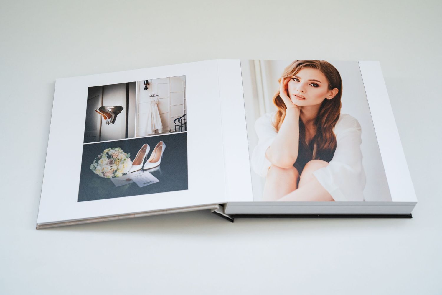 Open hardcover photo book displaying portrait of brunette woman and smaller lifestyle photos.