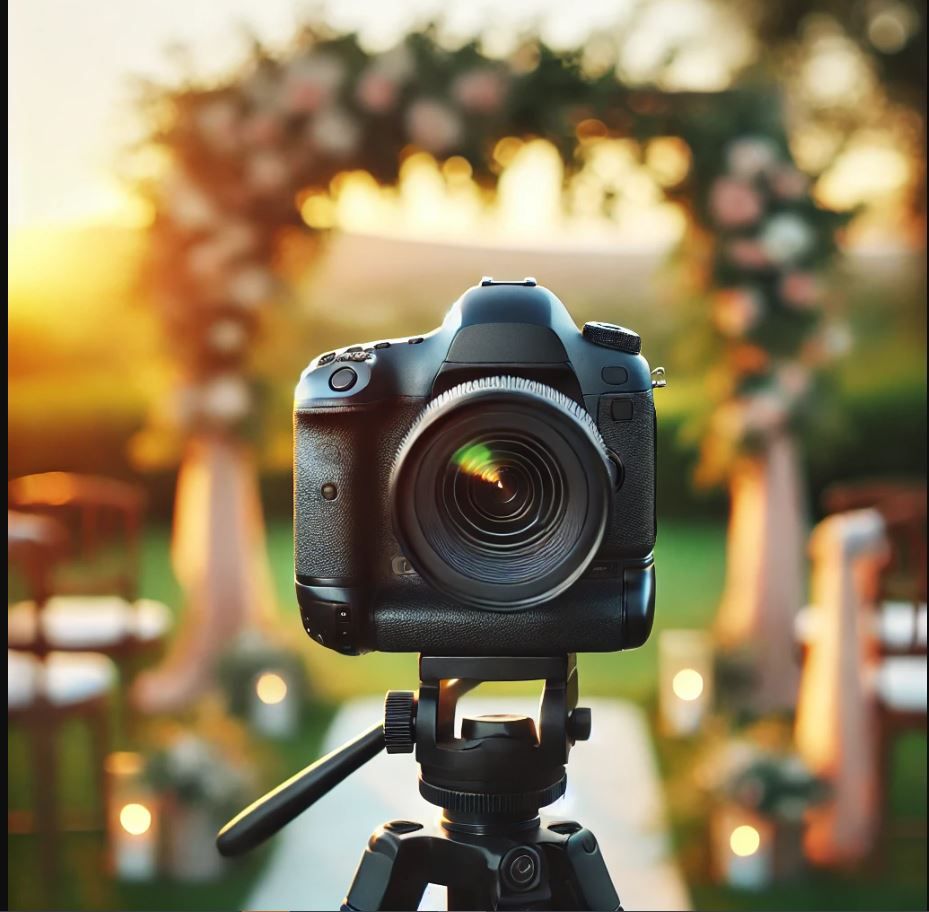 Professional DSLR camera on tripod set up at an outdoor wedding ceremony at golden hour.