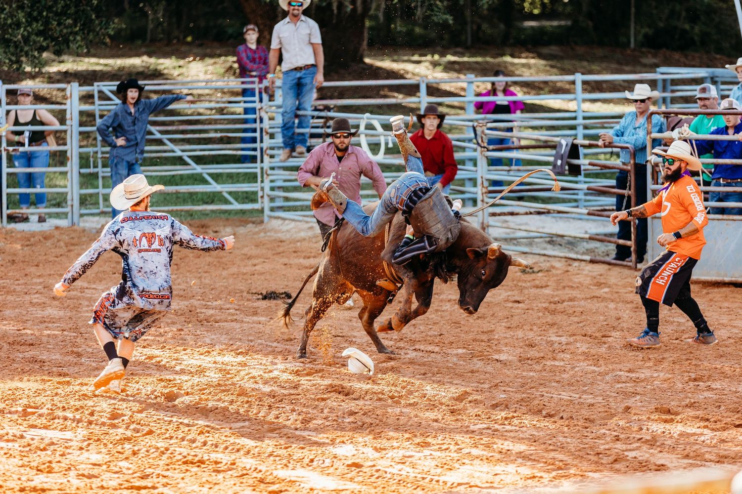 Cowboys compete in a rodeo bull riding event on a dirt arena with spectators watching behind metal fencing.
