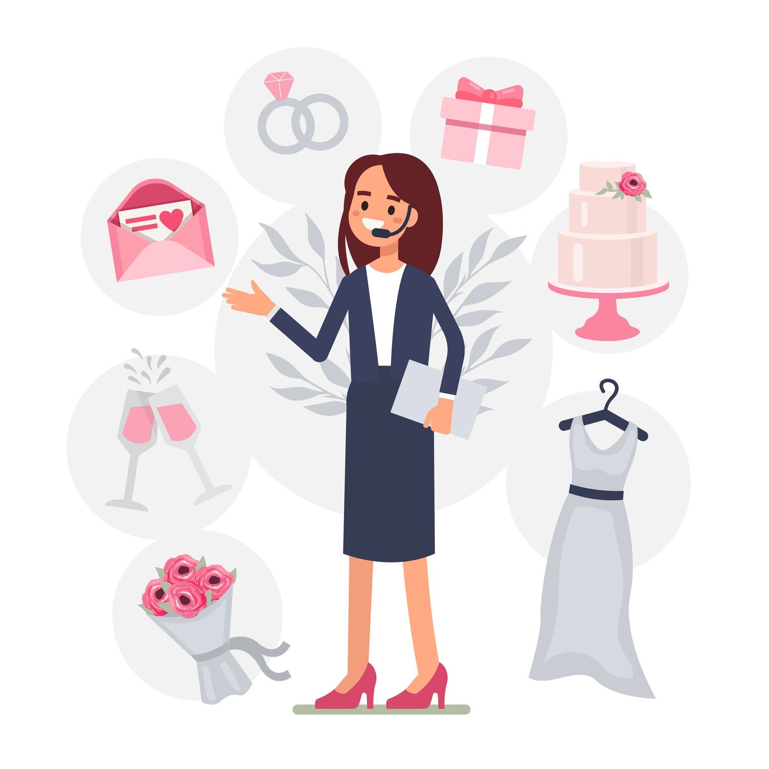 Illustrated wedding planner woman with headset surrounded by icons of rings, cake, dress, flowers, and champagne.