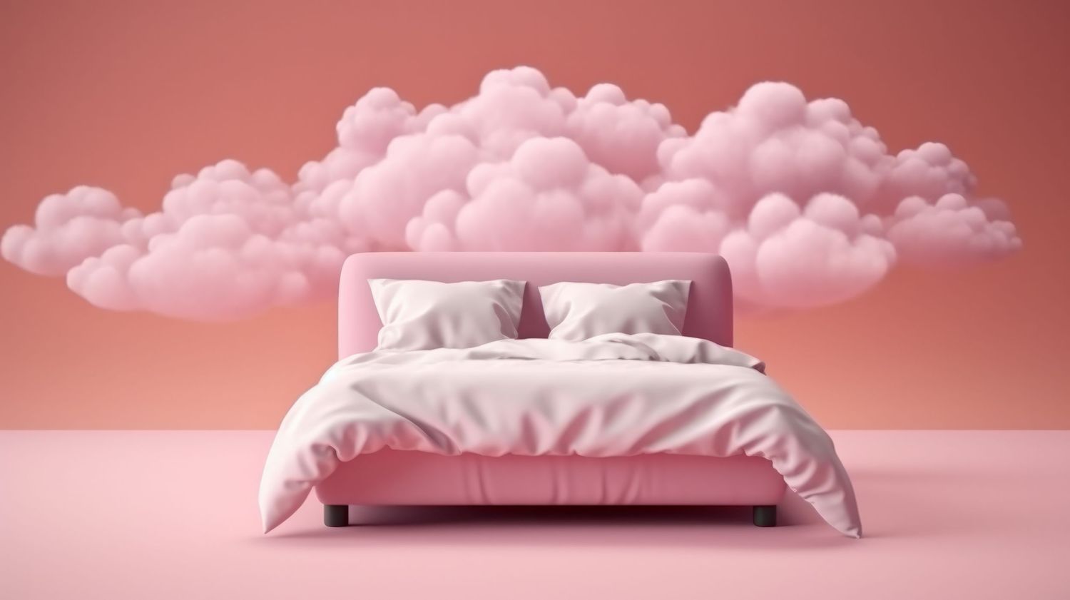 Pink bed with white pillows surrounded by fluffy pink clouds on a pink background.